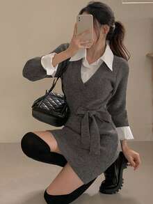 DAZY Women's Collared Tie-Waist Sweater Dress - Grey - View 8