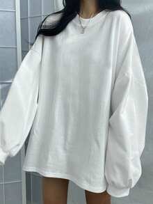 DAZY 纯色落肩超大套头衫、长袖上衣、秋装、返校服运动衫 - 白色 - 查看 4