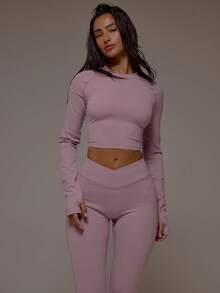 Musera Sport Cut Out Twist Back Long Sleeve Active Crop Top And Dipped Crossover Waistband Leggings Active Workout Gym Pilates Fitness Daily Casual Smoky Quartz - Dusty Purple - View 3