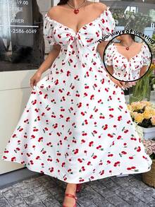 SHEIN EZwear Robe romantique pour rendez-vous/déplacements, imprimé cerises, grande taille, printemps/été - Blanc - Voir 4