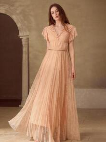 MOTF PREMIUM ĐẦM DÀI DÁNG CHỮ A DÀNH CHO NỮ, THIẾT KẾ XẾP NẾP BẰNG REN, XUÂN/HÈ - Màu be - Xem 4