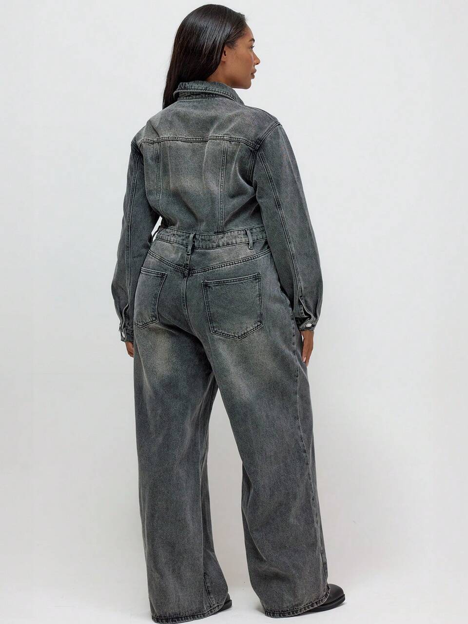 Curve Washed Denim Wide Leg Boiler Jumpsuit Autum Winter Everyday Casual Cool Girl Streetwear Uncut