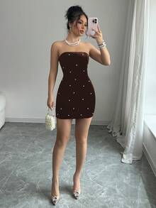 Elenzga 万圣节黑色无肩带珍珠腰天鹅绒优雅浪漫女装 - 咖啡棕 - 查看 6