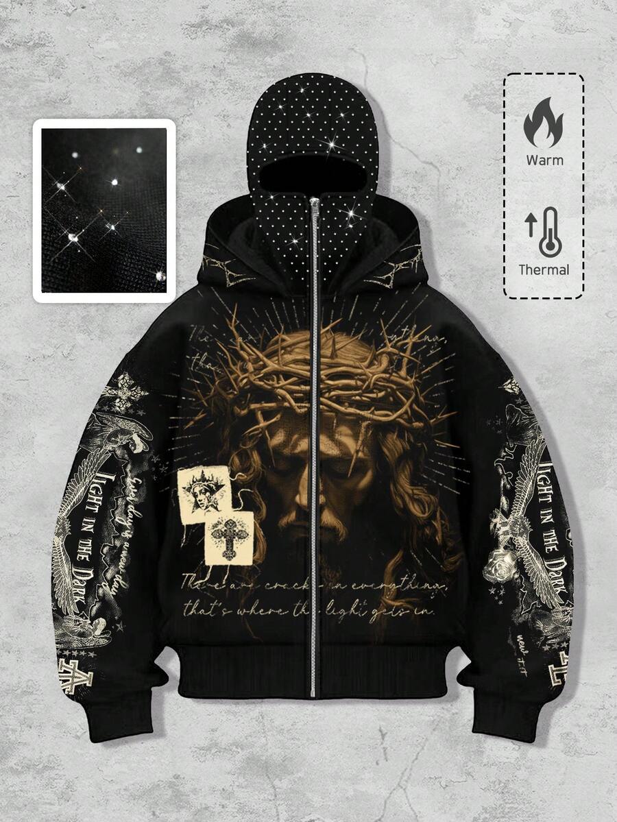 ROMWE MEN Street Life 男士时尚深色连帽拉链卫衣，饰有水钻，秋季款