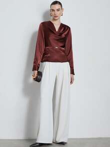 Aveloria Modichic Women's French Ruffled Collar Satin High-End Cinched Waist Shirt - Burgundy - View 7
