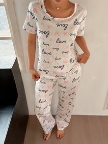 SHEIN Simple Letter & Heart Print Knit Pajama Set, Girly Style - Multicolor - View 6