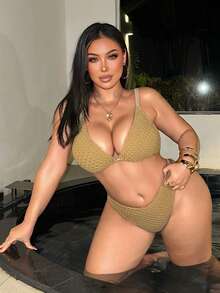 Swim SXY 2026 Neuer Sommer Strand Urlaub Sexy strukturierter verstellbarer Träger Frauen Große Größen Bikini Set - Khaki - Übersicht 4