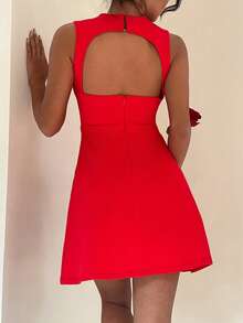 Aloruh Vestido de mezclilla de diseño sin espalda y sin mangas de unicolor de moda para mujer - Rojo - Ver 2