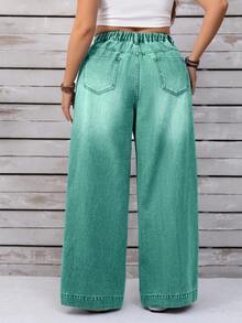 EMERY ROSE Plus Size Women Loose Casual Denim Wide Leg Jeans With Button Front Pockets - Green - View 4