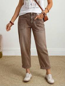 EMERY ROSE Plus Size Women Casual Everyday Commute Patchwork Pocket Washed Straight Leg Jeans - Camel - View 1
