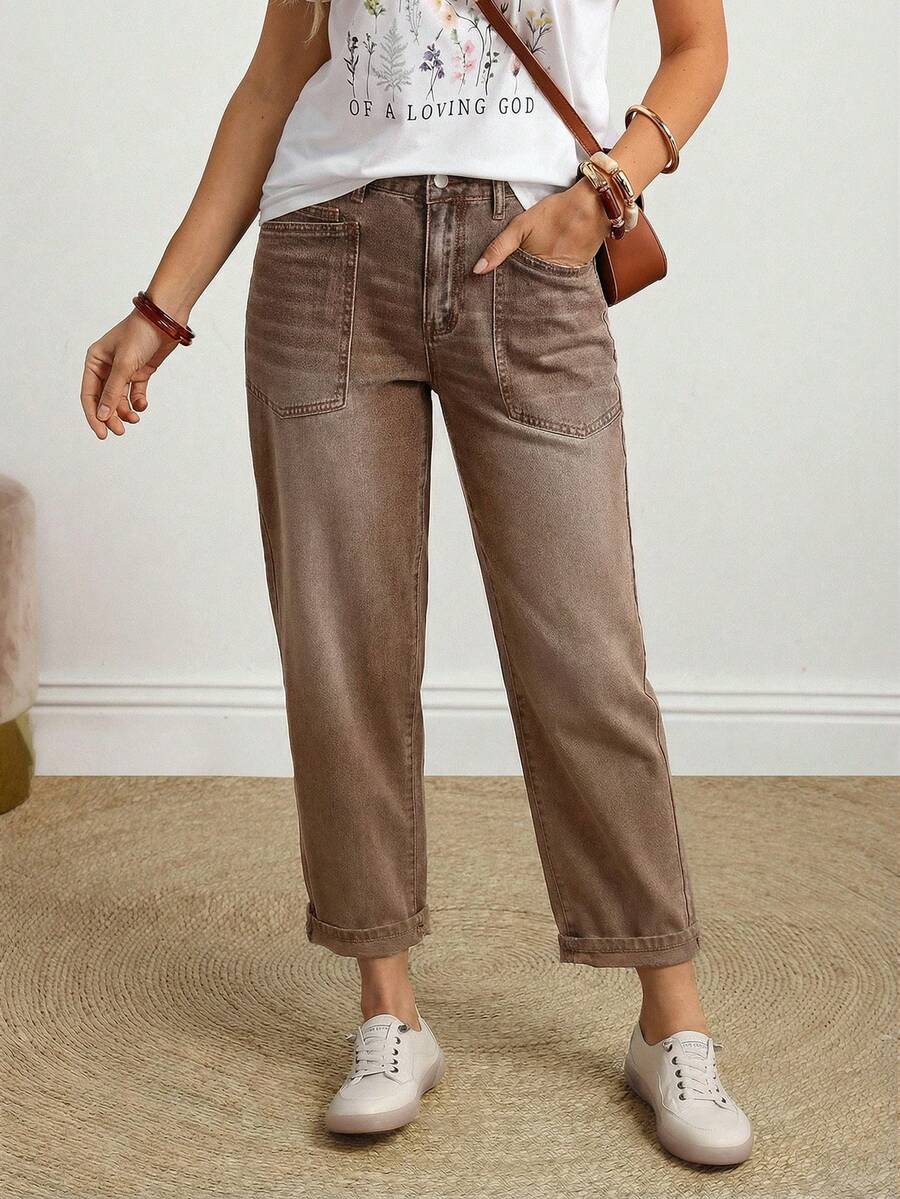 EMERY ROSE Plus Size Women Casual Everyday Commute Patchwork Pocket Washed Straight Leg Jeans - Camel - View 1