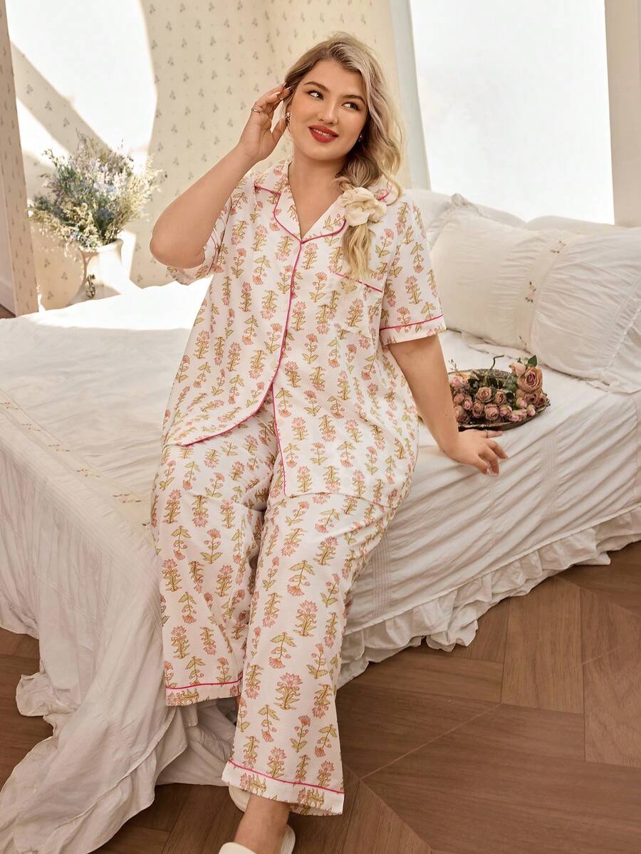 CottageSlumber Plus Size Floral Print Ruffle Collar Cardigan Short Sleeve & Pants Pajama Set - Multicolor - View 1