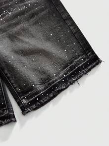 ROMWE MEN Street Life 男士休闲时尚做旧水钻牛仔短裤，带口袋 - 黑色 - 查看 4