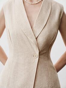 Aalyst Bộ đồ nữ mùa xuân/hè kiểu Pháp thanh lịch, sang trọng, tối giản, cao cấp, phong cách bohemian thường ngày, thích hợp đi nghỉ mát/công sở, đi làm, phong cách cổ điển, thoải mái, màu trơn, chất liệu vải lanh pha, áo khoác không tay cổ ve, có dây rút eo và túi, quần ống rộng thoải mái, 2 mảnh. - Màu be - Xem 2