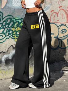 SHEIN Muchic Women's Sportswear Black Knit Sweatpants With White Striped Webbing, Casual Wide-Leg Sweatpants With Printed Lettering. - Black - View 3