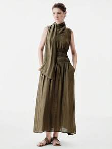 Aalyst Vestido sin mangas de mujer con cuello de bufanda, de estilo vintage, de unicolor, de tela arrugada, con cintura elástica y bajo acampanado, elegante, chic, ligero, lujoso, casual, bohemio, para vacaciones/trabajo y traslados - Verde Gris - Ver 5
