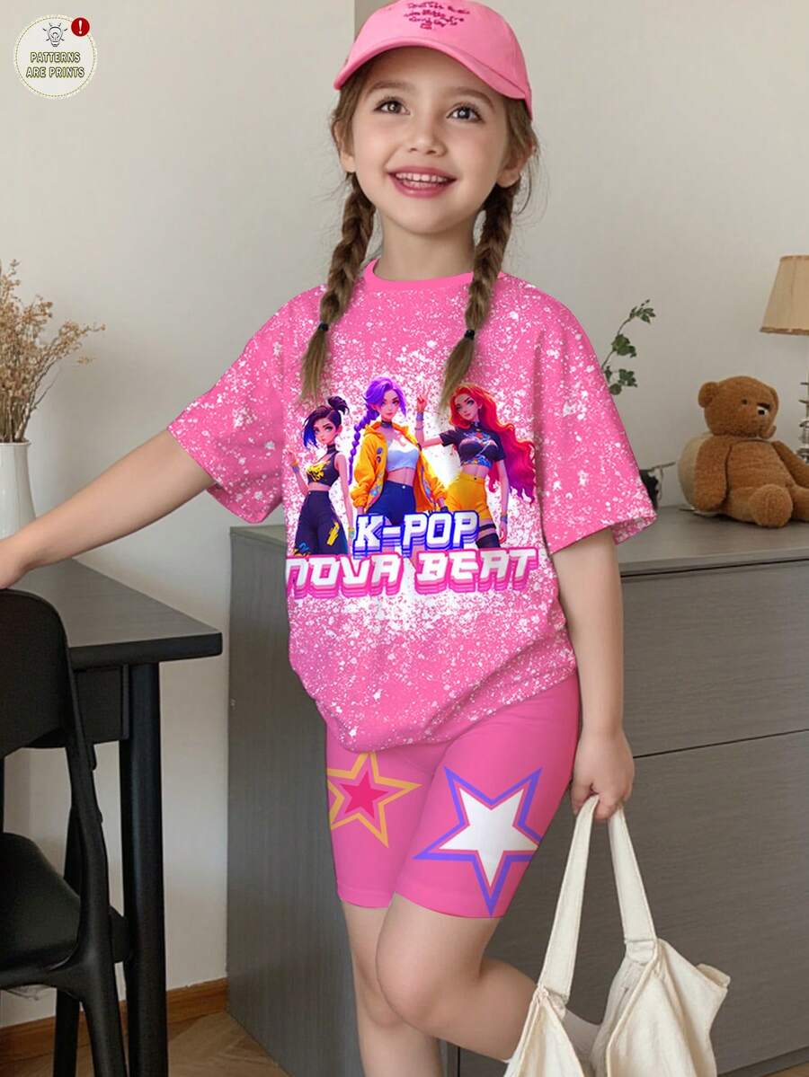 SHEIN Bộ 2 món dành cho bé gái, phong cách K-POP, in hình bình nước và chữ ngôi sao, áo thun cổ tròn tay ngắn và quần short, thích hợp cho các kỳ nghỉ, tiệc tùng, mặc hàng ngày và các buổi hòa nhạc. - Nhiều màu - Xem 1