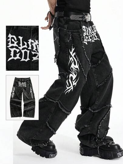 ROMWE MEN Men's Letter Print Patchwork Frayed Pocket Wide Leg Loose Casual Jeans