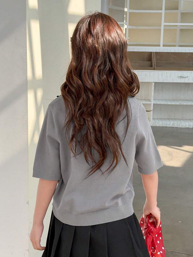 Tween Girls Heart Decor Short Sleeve Sweater, Fall