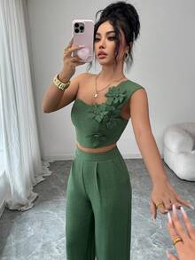 Elenzga 优雅3D花卉装饰休闲度假无袖上衣和裤子女式两件套 - 綠色 - 查看 5