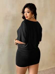 Auralis New Summer Black Tight V-Neck Short Sleeve Loose Top, Tight Fitting Bodycon Plus Size Y2K Club Singing Tight Dress/Sexy Music Festival Outfit Black Bodycon Dress Plus Size Club Dress Plus Size Sexy Dress Plus Size T Shirt Dress Plus Size Short Dress Plus Size Black Dress For Valentine's Day Spring Elegant Outfit Women Spring Dress For Women Batwing Sleeve Dress Curvy Dress Black Curve Dress Chain Dress - Black - View 6