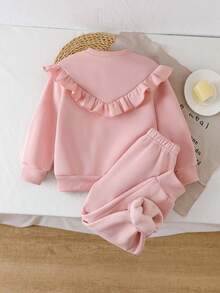 2 件套年轻女孩和幼儿女孩休闲荷叶边刺绣套头衫上衣 + 裤子套装，适合搭配各种夹克、棉质外套，适合日常穿着 - 粉色 - 查看 6