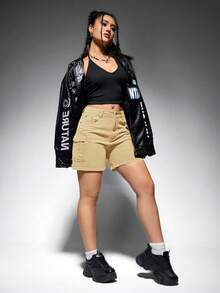 Jeanoix Quần short denim nữ có túi, cài nút, kiểu dáng thường ngày. - Màu Khaki - Xem 4