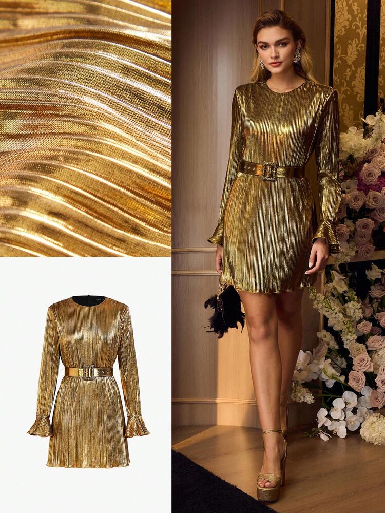 WOMEN'S PLEATED ROUND NECK LONG FLARED SLEEVE SHORT PARTY DRESS – DETACHABLE WAISTBAND, FORM-FITTING SILHOUETTE & SHIMMERING TEXTURE | IDEAL FOR BIRTHDAYS, NEW YEAR'S EVE & PARTY NIGHTS