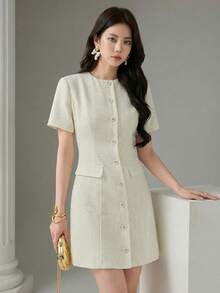 Heiryn Hàng mới về: Đầm ngắn nữ thanh lịch chất liệu vải tweed Pháp, thắt eo, thích hợp mặc đi làm hàng ngày. - Màu be - Xem 5