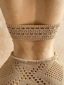 Soleia 两件套度假风串珠贝壳流苏下摆低腰斜摆毛衣套装，波西米亚风，度假风，秋季女装，复古风，节日 - 卡其色 - 查看 7