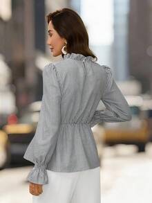 Editum Áo sơ mi nữ tay dài dáng rộng thanh lịch với viền bèo nhún, áo lót đa năng cho mùa thu hè và xuân. - Xanh và trắng - Xem 3