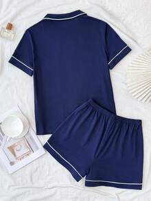 SHEIN 少女休闲日常家居服马匹标志蓝色衬衫上衣和短裤两件套 - 藍色 - 查看 2