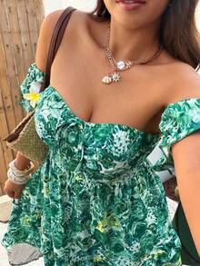 Sunnyshic 碎花极简主义抹胸泡泡袖连衣裙 - 杏色 - 查看 5