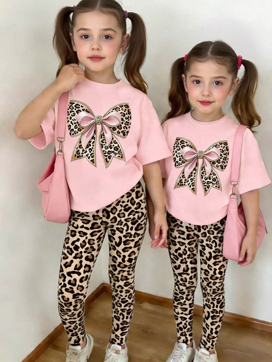 Elladie kids 女童淺粉色夏季家庭套裝,豹紋蝴蝶結鑽石公主短袖T恤與長褲2件套,返校年輕女孩套裝 - 彩色 - 查看 1