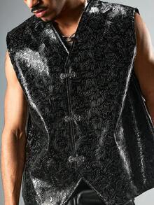 ROMWE MEN Street Life Men's Textured Floral V-Neck Button Vest - Black - View 2