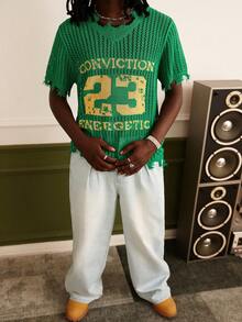 Manfinity Homme Men's Letter & Number Graphic Casual Knit Short Sleeve Top - Army Green - View 3