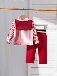 Souflis Souflis 男婴两件套：长袖纽扣条纹时尚衬衫 + 西装裤 - 紅色 - 查看 2