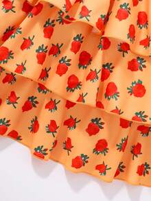 Girls Cute Lantern & Girl Print T-Shirt With Burgundy Rose Cake Skirt Set, Summer - Yellow - View 7