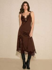 Poéselle 女士纯色吊带蕾丝边无袖开衩连衣裙 - 棕色 - 查看 3