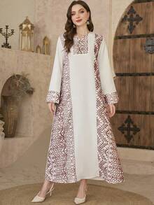 Al Najma Dubai Elegant Long Dress, Muslim Clothing, Printed Contrast Color Arabic Turkish Robe - Burgundy - View 5