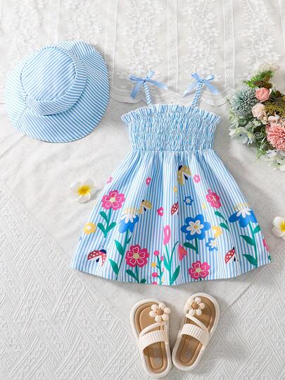 Souflis Souflis 2pcs Baby/Toddler Girl Lemon Print Spaghetti Strap Romper Dress With Hat Set, Casual, Comfortable And Cute For Daily Wear, Vacation And Play