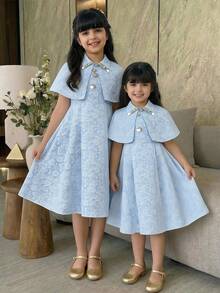 少女优雅水钻装饰罩衫、背心和裙子三件套 - 藍色 - 查看 3