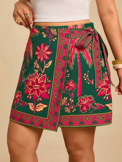 Travachic Plus Size Women's Black Floral Print Wrap Tie Bow Wrap Asymmetrical Skirt Beach Resort Wear Ibiza Boho