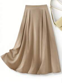 SHEIN Franclia Chân váy xếp ly đơn sắc tối giản dành cho nữ, thích hợp mặc hàng ngày. - Màu Khaki - Xem 3