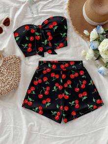 Soleia 女士樱桃印花休闲抹胸上衣和短裤两件套，夏季 - 黑色 - 查看 1
