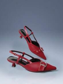 CUCCOO GRLICON 女士铆钉装饰搭扣高跟鞋 - 紅色 - 查看 3