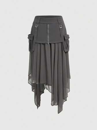 Grunge Punk Minifalda de mezclilla con dobladillo asimétrico, parches de metal remachados y lavado en estilo punk marino de gasa