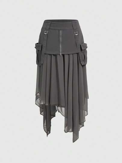 Grunge Punk تنورة جينز قصيرة غير متماثلة الحافة مصنوعة من الشيفون والجلد المعدني المغسول والنيتات بطراز بانك