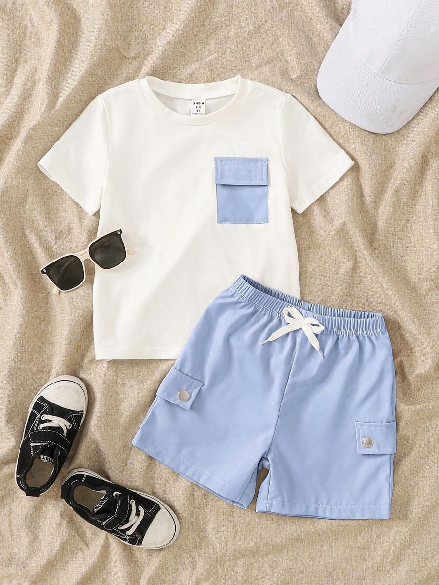 SHEIN Genkimix Kids Setelan Kaos Lengan Pendek dan Celana Pendek Kasual Musim Panas untuk Anak Laki-Laki - Baby Blue - View 1