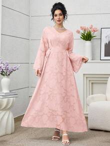 Yasmyna V领镂空系带优雅阿拉伯风格连衣裙 - 淺粉色 - 查看 7